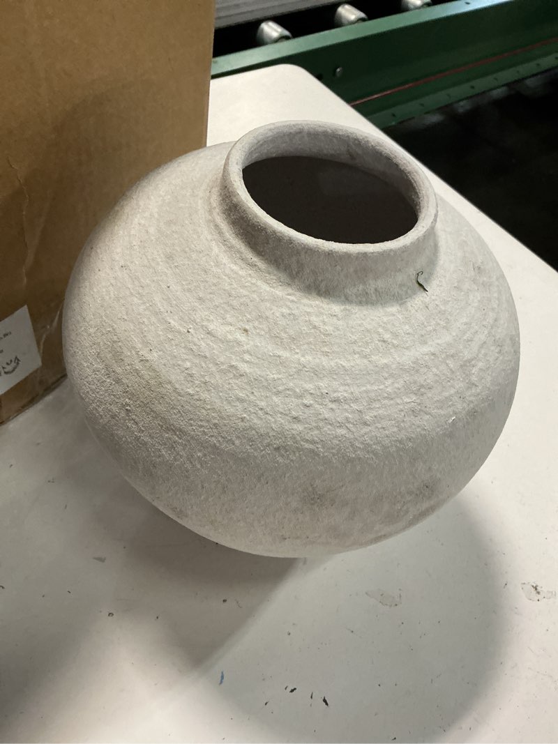 Condition photo showing Good Condition for handemade large round vase for centerpieces, white rustic vase farmhouse decor, distressed textured for home decorations, earthy room decor aesthetic, stone look ceramic clay pottery, 10 inch