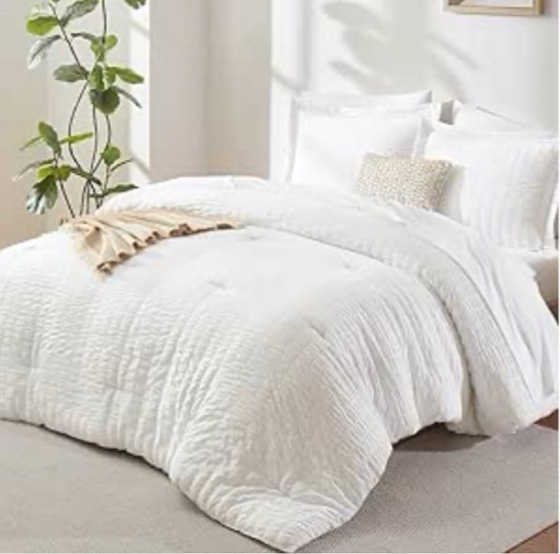 CozyLux Oversized King Comforter Set White Seersucker 7 Pieces 120x98 Bed in a Bag Comforter Set wit
