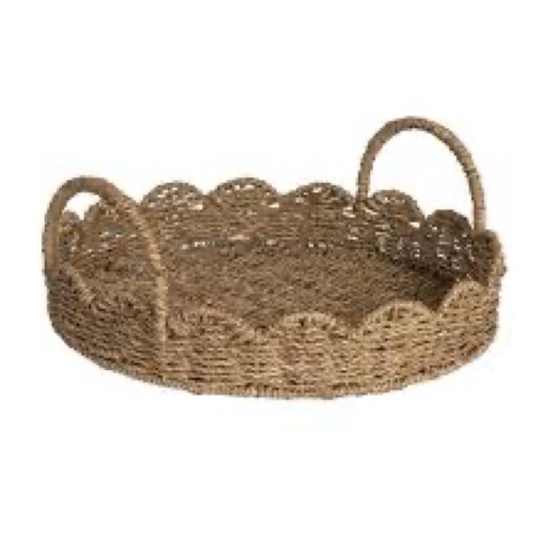 Household Essentials Round Handwoven Seagrass Tray with Scalloped Edge and Handles, Natural
