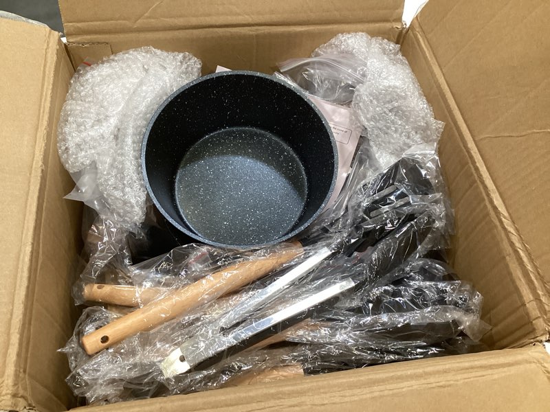 Condition photo showing As Is for ewfen nonstick pots and pans set, 25-piece ceramic cookware set, induction kitchen cooking set with frying pans saucepans & utensils, healthy non-toxic, pfas/ptfe/pfoa free, black