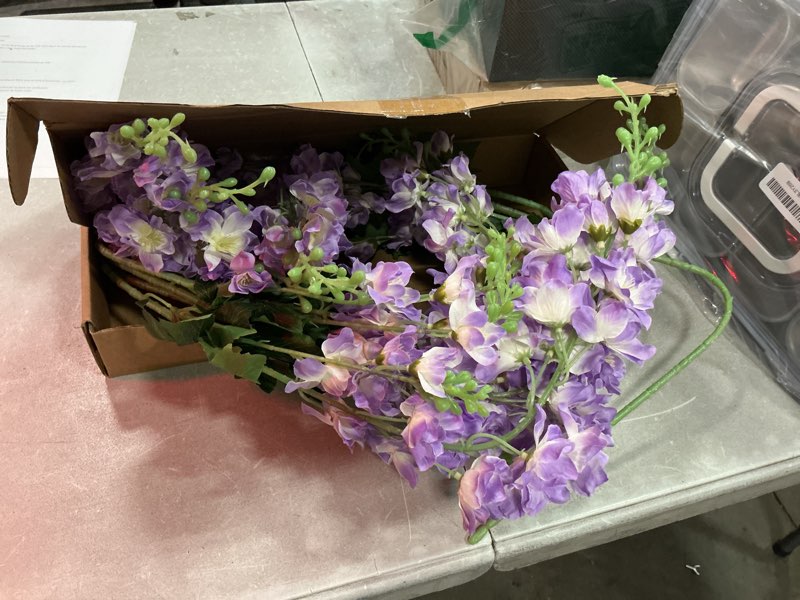 Condition photo showing Good Condition for 8pcs purple delphinium artificial flowers 33.5'' faux delphinium bulk long stem silk larkspur flowers for tall vase home wedding garden table decor(purple)