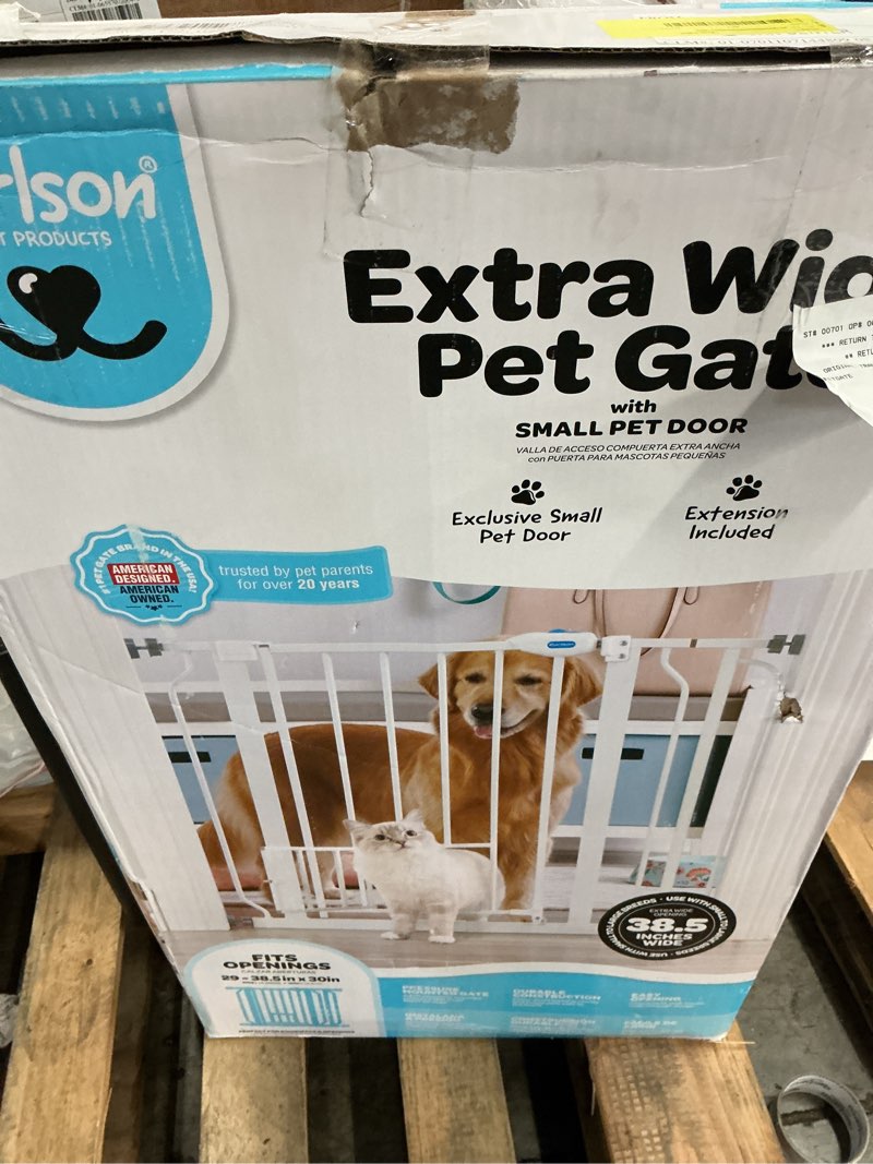 Condition photo showing As Is for carlson pet products metal dog gate with walk-through and additional small door, 31" tall, white