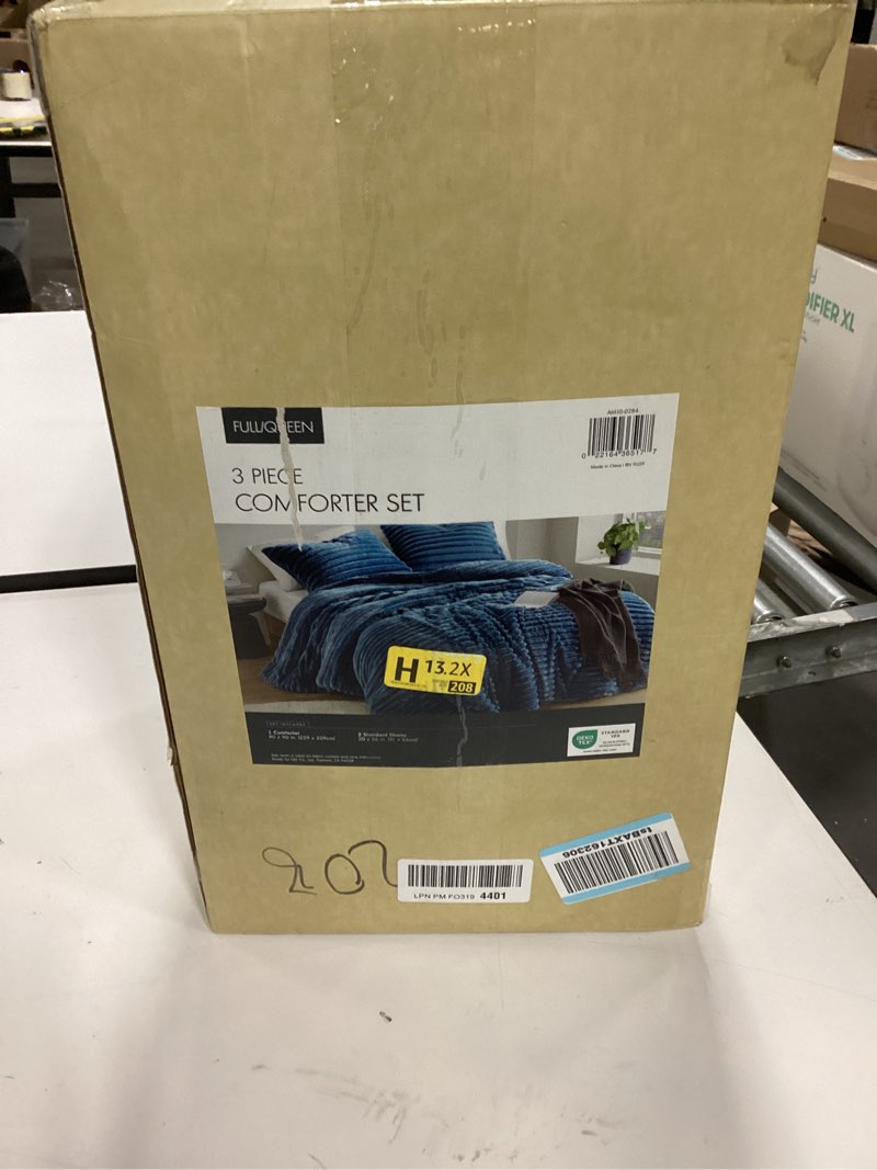 Condition photo showing New/Like New for Intelligent Design Queen Comforter Set, Cozy Plush Bedding, Microfiber Reverse, 3 Piece, Lightweight, Super Soft Ribbed Velvet Comforter 2 Shams, All Season Fluffy Bed Set, Avril, Full/Queen Blue
