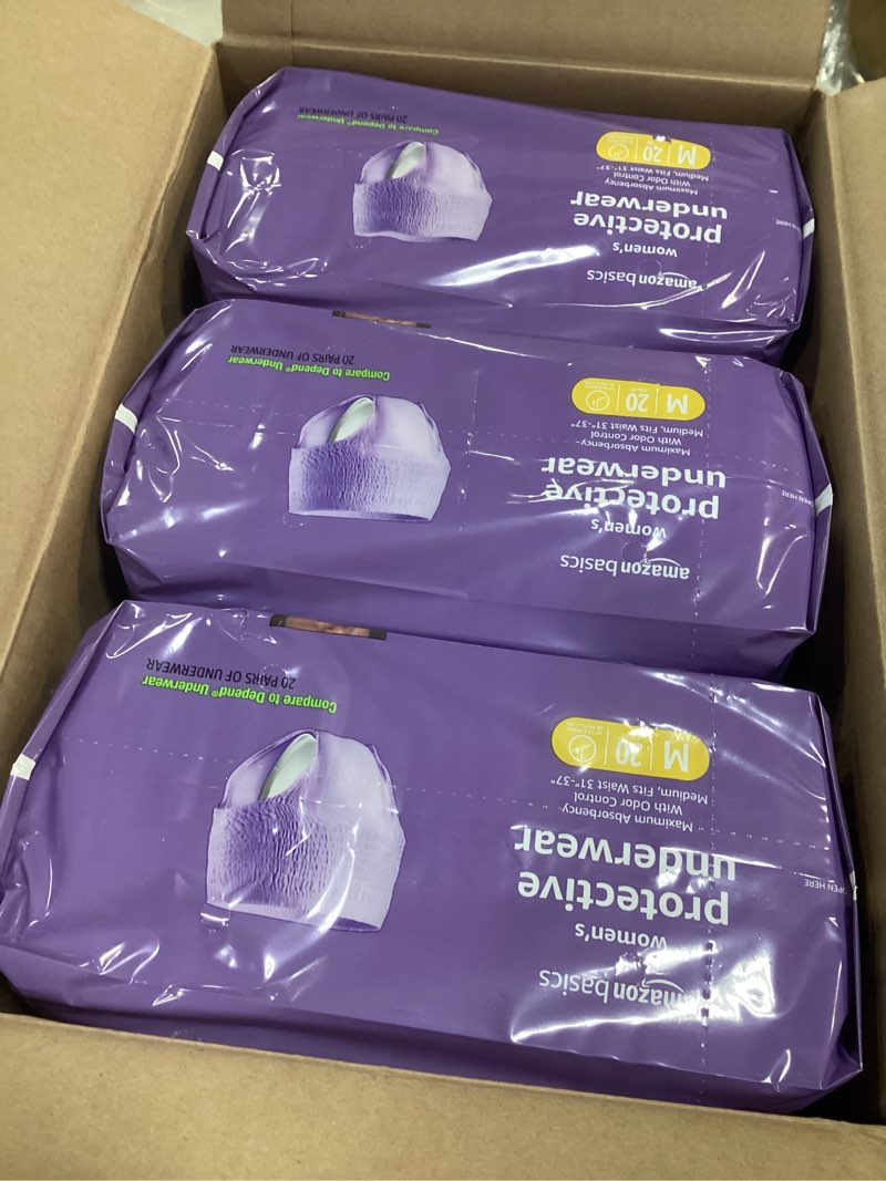 Condition photo showing New/Like New for Amazon Basics Incontinence Underwear for Women, Protective, Disposable, Postpartum, Maximum Absorbency, Medium, Lavender, 60 Count (3 Packs of 20) Medium 60