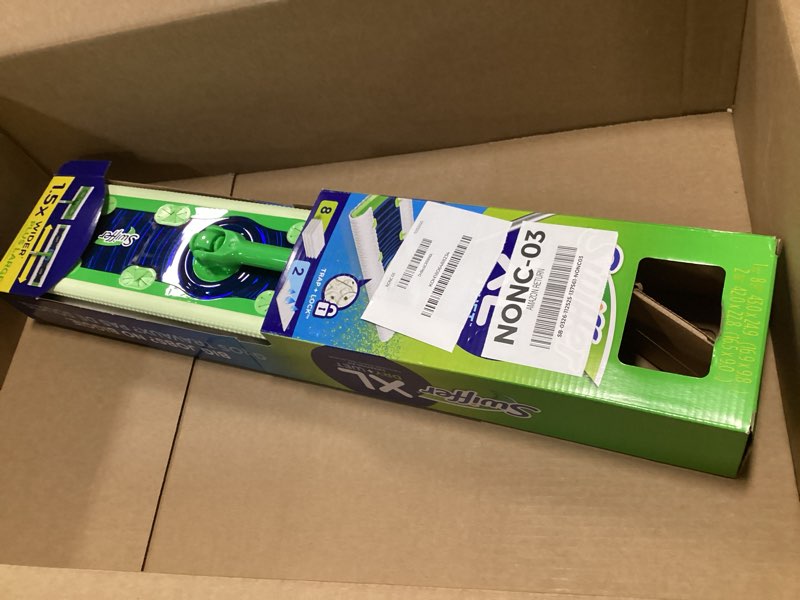 Condition photo showing New/Like New for Swiffer Sweep + Mop XL, Broom & Mop Alternative, Floor Cleaner for Dirt, Dust, Hair, All Purpose Cleaning Tool for Home, Bathroom, Kitchen, Set Includes 1 XL Sweeper 8 XL Dry Pads 2 XL Wet Pads Fresh XL Starter Kit (New!)