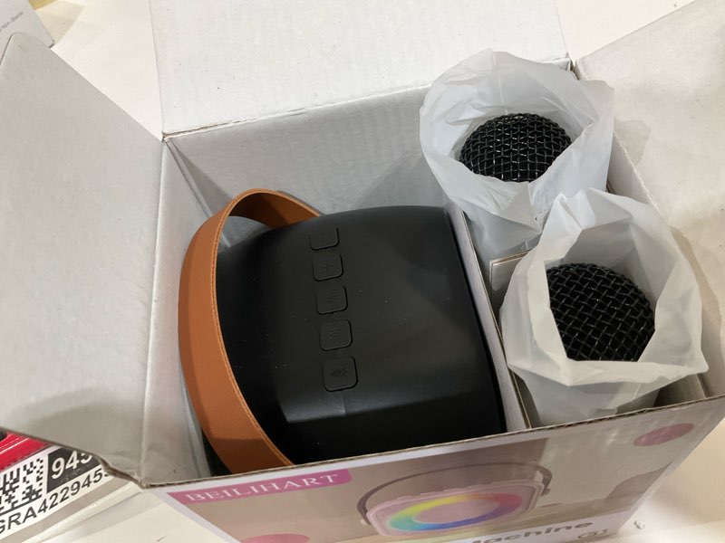 Condition photo showing Good Condition for mini karaoke machine, portable bluetooth karaoke speaker with 2 wireless microphones and party lights for kids and adults, birthday gifts for girls boys family home party black 2 mics