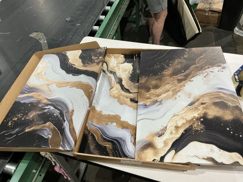 Condition photo showing Good Condition for palette dreams 3 piece framed black and white abstract wall art, black gold canvas black marble picture wall decor, modern gold foil art poster print for living room bedroom office bathroom 16x24 inch 24"l x 16"w black and gold