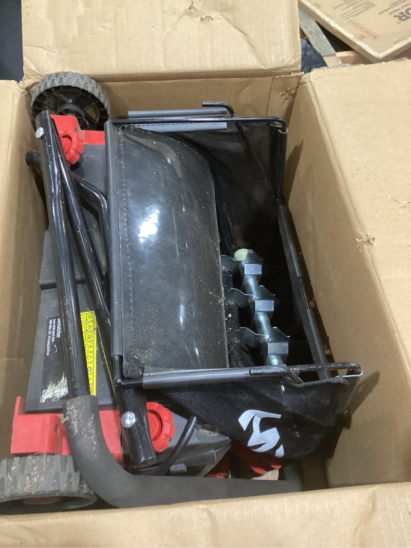 Condition photo showing As Is for mzk 13-inch 12-amp 2-in-1 electric dethatcher and scarifier w/removeable 8-gallon collection bag, 4-position height adjustment, keep lawn health