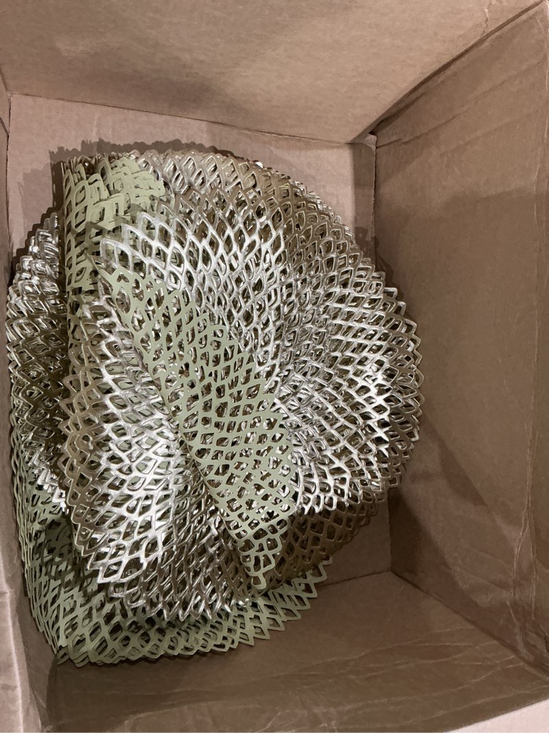 Condition photo showing Good Condition for incomplete sieral 48 packs gold round placemats 15 inch hollow out pressed vinyl place mats bulk, non slip washable pvc chargers place mat for christmas dining wedding holiday party home kitchen dinner table