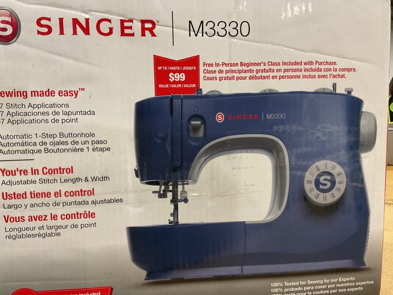 Condition photo showing New/Like New for singer® m3330 navy blue sewing machine with accessory kit | 23 built-in stitches deliver 97 stitch applications | 1-step buttonhole, free arm, led light | simple & easy to use, perfect for beginners metallic blue