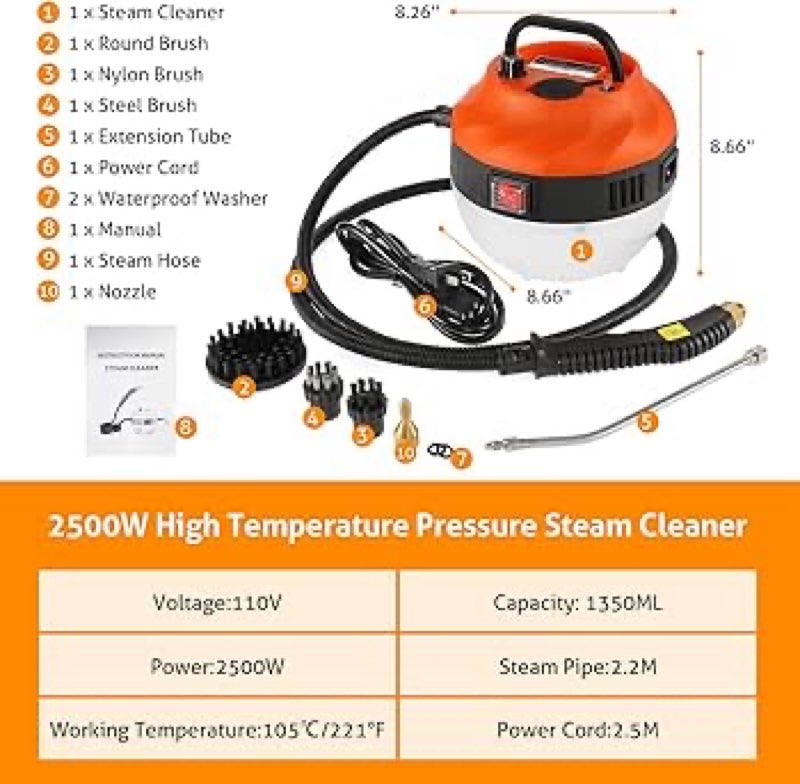 WICHEMI Steam Cleaner Steamer for Cleaning 1800W High Pressure High Temperature Handheld Steam Clean