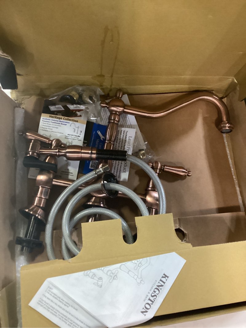 Condition photo showing As Is for kingston brass ks127albsac heritage bridge kitchen faucet, antique copper, 13.88 x 8.56 x 13.13