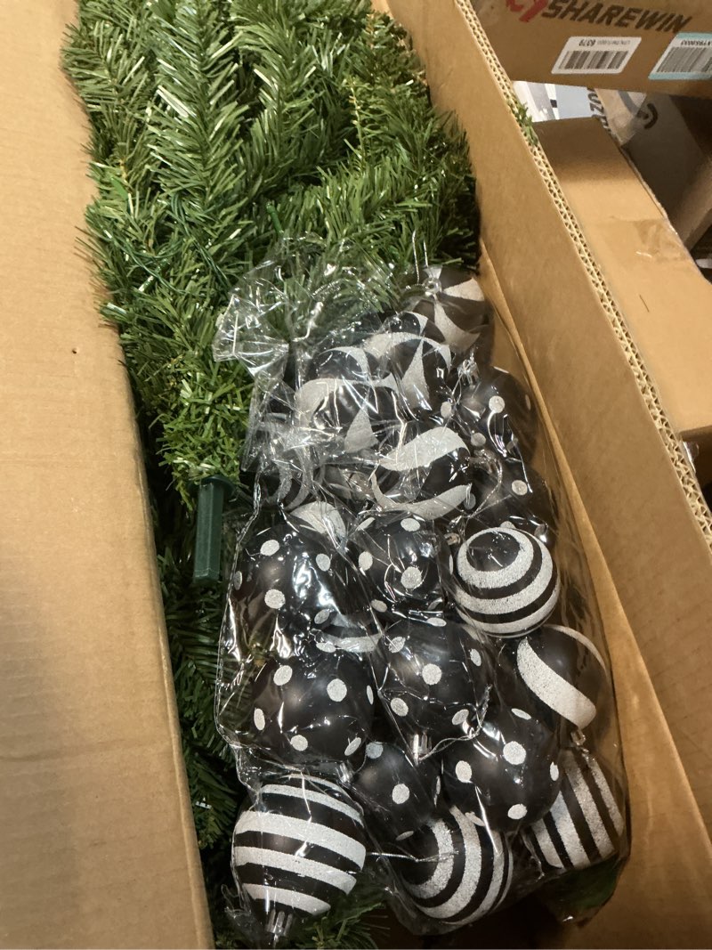 Condition photo showing New/Like New for 32Pcs 6 FT Christmas Tree with Light and Nightmare Ornament Ball Before Bendable Whimsical Christmas Tree with Black White Bow Ball 8 Modes String Light Crooked Bent Top for Home Decor (Green)