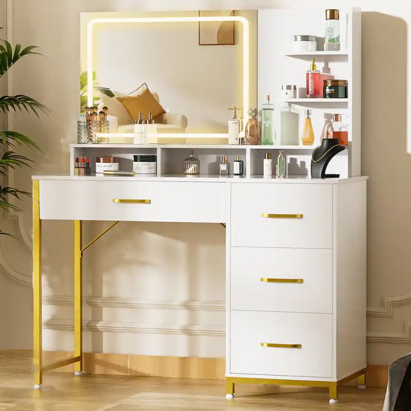 cloudrest pro - vanity desk with mirror and lights, makeup vanity table with 4 drawers & storage shelves - white 