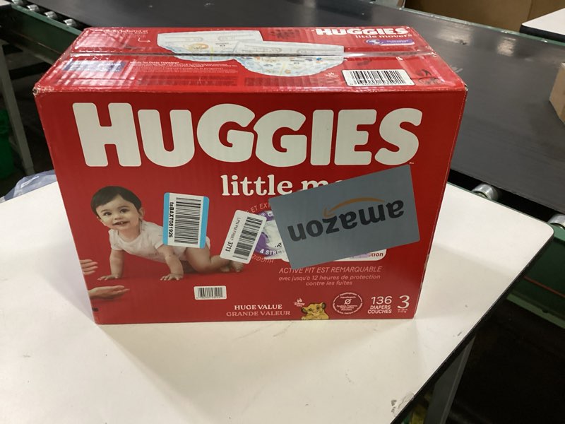 Condition photo showing New/Like New for Huggies Size 3 Diapers, Little Movers Baby Diapers, Size 3 (16-28 lbs), 136 Count, Packaging May Vary