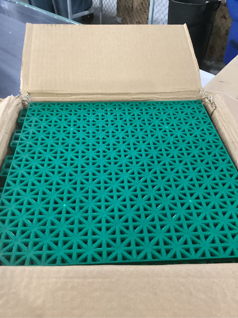 Condition photo showing New/Like New for jxgzyy 24 pcs basketball court tiles, 5/8 inch thick interlocking sport outdoor floor tiles, non slip pp drainage mat for tennis court drain deck pool patio shower kitchen garage poach green