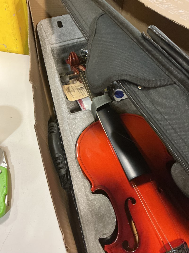 Condition photo showing New/Like New for vangoa violin 4/4 full size fiddle set, handcrafted spruce acoustic violins bundle kit for beginners adults, starter violin outfit with hard case, strings, bow, tuner, mute, notes sticker 4/4 gradient red