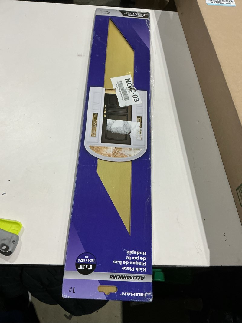 Condition photo showing Good Condition for group hardware essentials aluminum non-magnetic, screw-in, door kick plate 6" x 30" bright brass finish, (??852738)