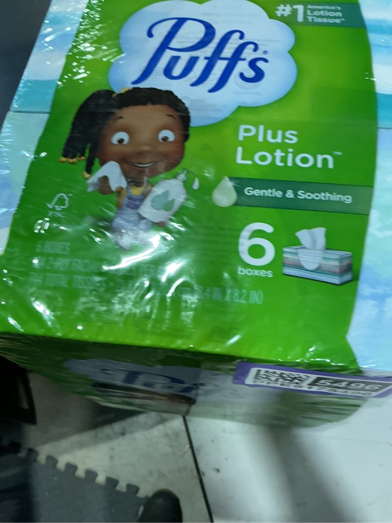 Condition photo showing New/Like New for puffs plus lotion facial tissues; 6 family boxes; 124 tissues per box 124 count (pack of 1)
