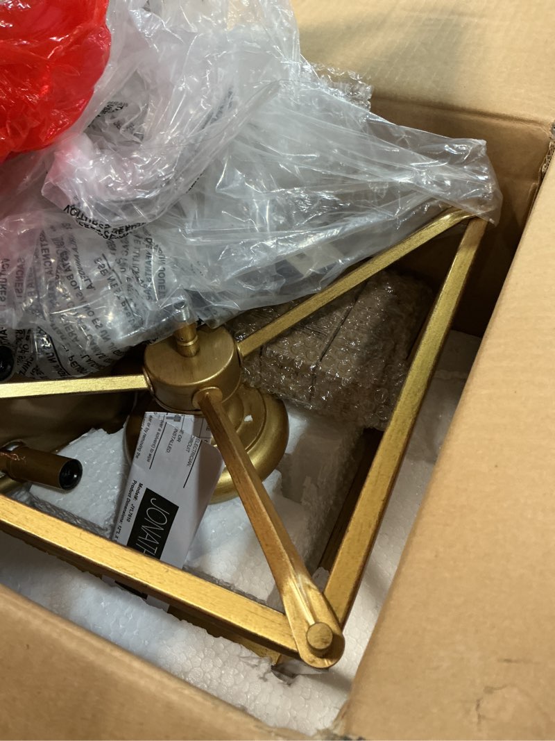 Condition photo showing As Is for jonathan y 12" brass gold modern farmhouse pagoda 4-light led semi flush mount lantern, metal ceiling light fixture for kitchen, hallway, entryway, bedroom, hardwired (jyl7610b)