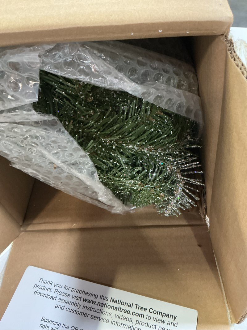 Condition photo showing New/Like New for national tree company artificial christmas garland, green, dunhill fir, decorated with pine cones, berry clusters, frosted branches, christmas collection, 9 feet