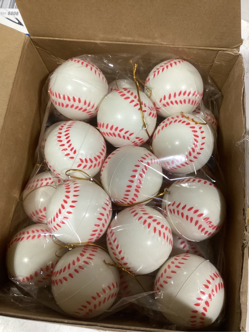 Condition photo showing Good Condition for Remuuly 24 Pcs Baseball Ornaments for Christmas Tree Bulk Mini Baseball Stress Ball Decor 2.5 Inch Foam PU Decorative Sports Ornaments for Holiday Party Favor School Carnival Reward Gift Bag Fillers