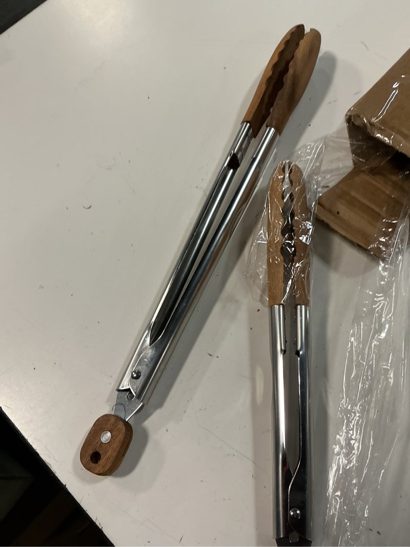 Condition photo showing Good Condition for bakpoco 10 & 13 inch wooden tongs for cooking, kitchen stainless steel salad tongs with walnut wood tip, serving food toaster bread non toxic grill tong, smooth locking & hanging cooking utensils set 10 & 13 inch - 1 set tan brown