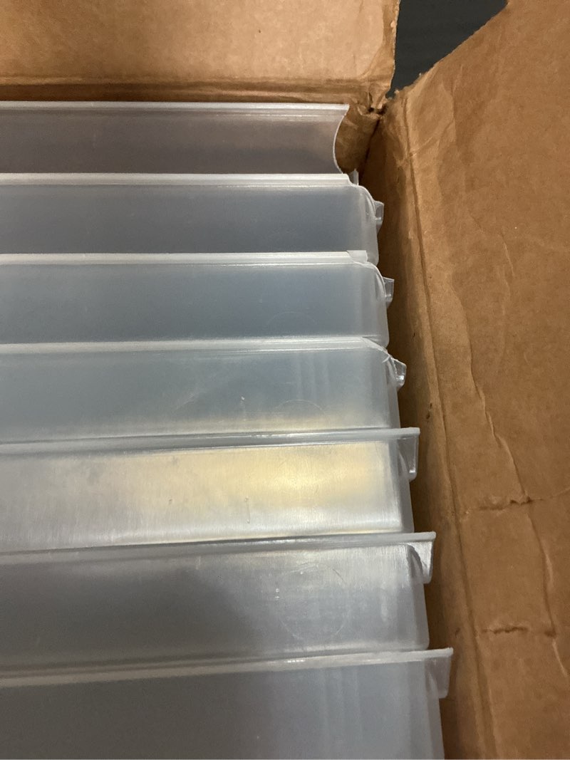 Condition photo showing As Is for Akro-Mils 30138 Plastic Shelf Bins, Heavy Duty Storage Bins for Garage, Closet, and Drawer Organization, 18-Inch x 6-1/2-Inch x 4-Inch, Clear, 12-Pack