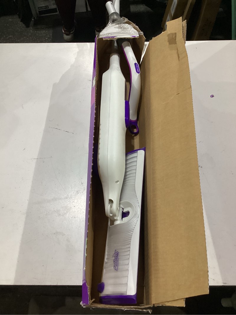 Condition photo showing As Is for swiffer powermop multi-surface mop kit for floor cleaning, fresh scent, mopping kit includes powermop, 2 mopping pad refills, 1 floor cleaning solution with fresh scent and 2 batteries purple and white