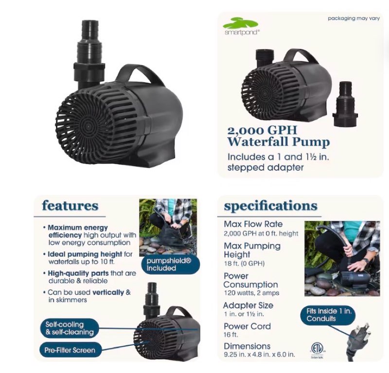 smartpond 2000.0 -gph submersible corded electric waterfall pump