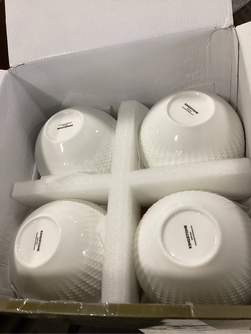 Condition photo showing New/Like New for KINGSTONE Bone China Dinnerware Set, 12-Piece White Lightweight Porcelain for 4, Plates and Bowls with Rhombus patterned edge design, Microwave and Dishwasher Safe, for Family, Restaurant, Gifting White Service for 4-12Pcs