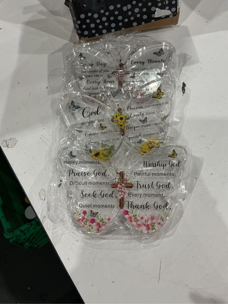 Condition photo showing As Is for pinkunn 6 pcs acrylic christian faith gifts for women mother's day inspirational religious gifts with bible verse and prayers heart butterfly scripture keepsake paperweight bulk for home decor