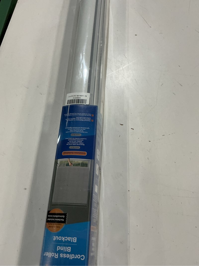 Condition photo showing New/Like New for cordless blackout roller shades for indoor windows – jacquard linen look, thermal uv blocking pull down blinds for bedroom, office, home(linen gery,25"x72") linen grey 25"w x 72"h