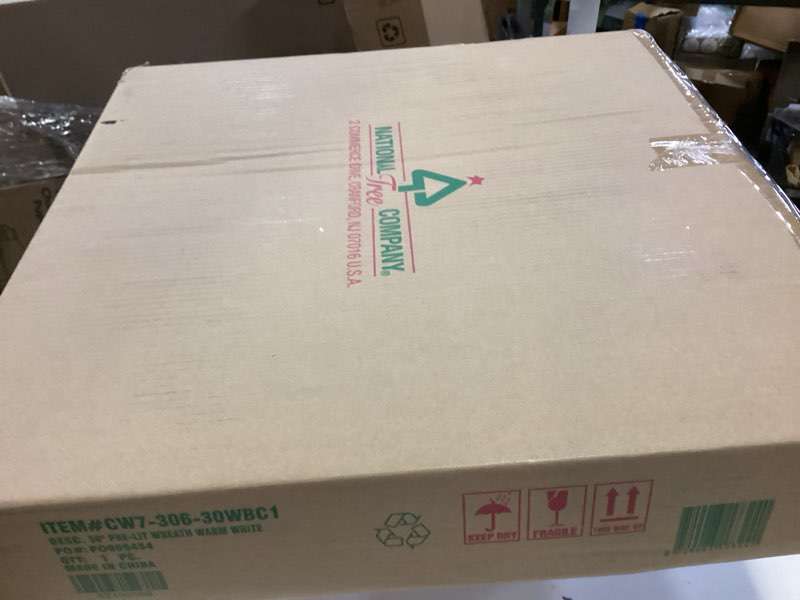 Condition photo showing New/Like New for National Tree Company 30 in Pre-Lit Crestwood Spruce Artificial Christmas Wreath, Christmas Decoration with Glitter, Pinecones, Red Berries, 70 Clear LED Lights, 200 Tips, Timer, Green 30 in Battery-Operated Wreath