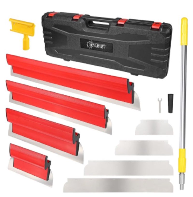QWORK Professional Drywall Skimming Cutter Set with Portable Case - 6 Sizes (6\\\"-32\\\"), Adjustable Extension Handle (31\\\" to 49.6\\\"), Stainless Steel Construction and Scraper Tool