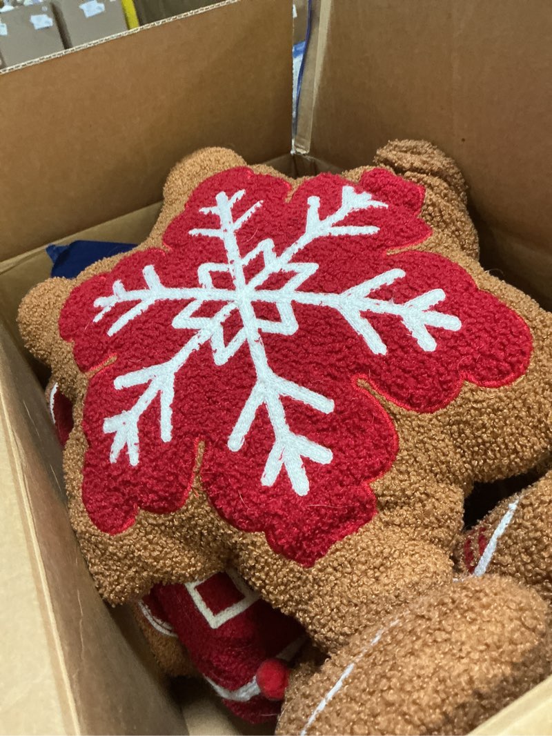 Condition photo showing Good Condition for 4 Pcs Christmas Throw Pillows Plush Gingerbread Men Gingerbread House Snowflake Shaped Pillow for Christmas Winter Holiday Party Outdoor Bedroom Cushion Decoration(Red) Red Gingerbread