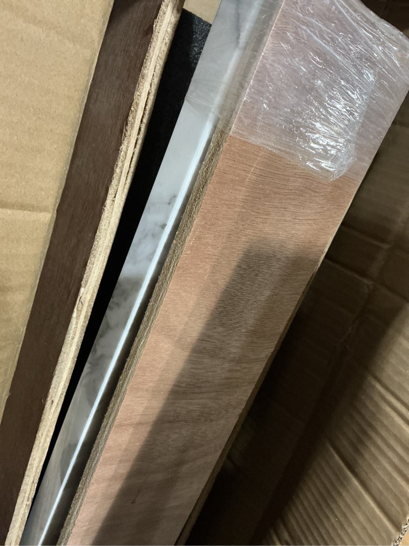 Condition photo showing As Is for EQLOO 48 Inch Natural Marble Bidesplash for Bathroom Vanity Sink Top,Universal Bathroom Vanity Backsplashes,48 in. W x 4 in. H Backsplash in Carrara Marble White 48"X4" Backsplash