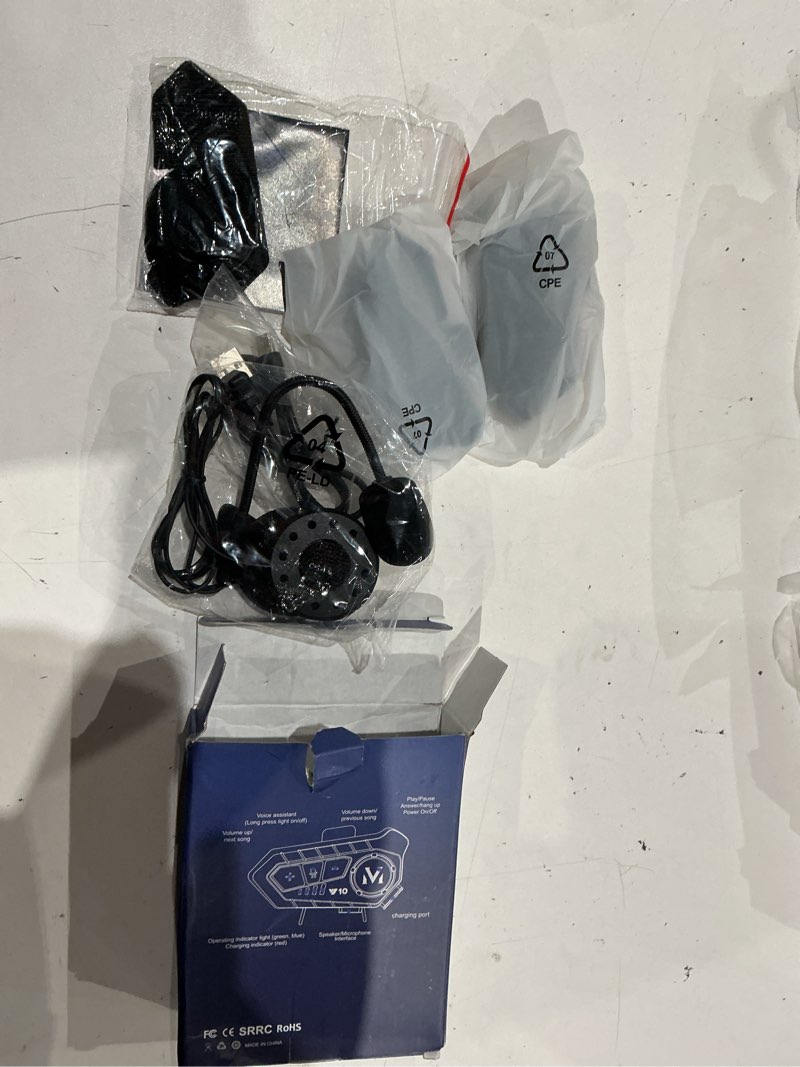 Condition photo showing As Is for motorcycle helmet bluetooth headset speakers with hifi sound,noise cancellation,1000mah battery,25 hours use,boom mircrophone,easy to install use with golves,ipx6 waterproof,voice assistant