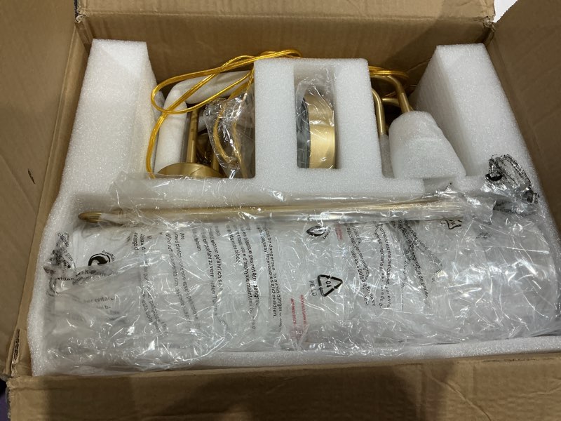 Condition photo showing New/Like New for amzasa farmhouse chandelier, 5-lights visual comfort gold light, muted gold with white fabric shade, linear island lighting fixture for kitchen, dining room