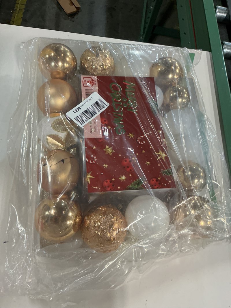 Condition photo showing As Is for 87ct Christmas Ball Ornaments Set Shatterproof Seasonal Hanging Decorations with Reusable Hand-held Gift Package for Xmas Tree Holiday Party and Home Decor, Gold
