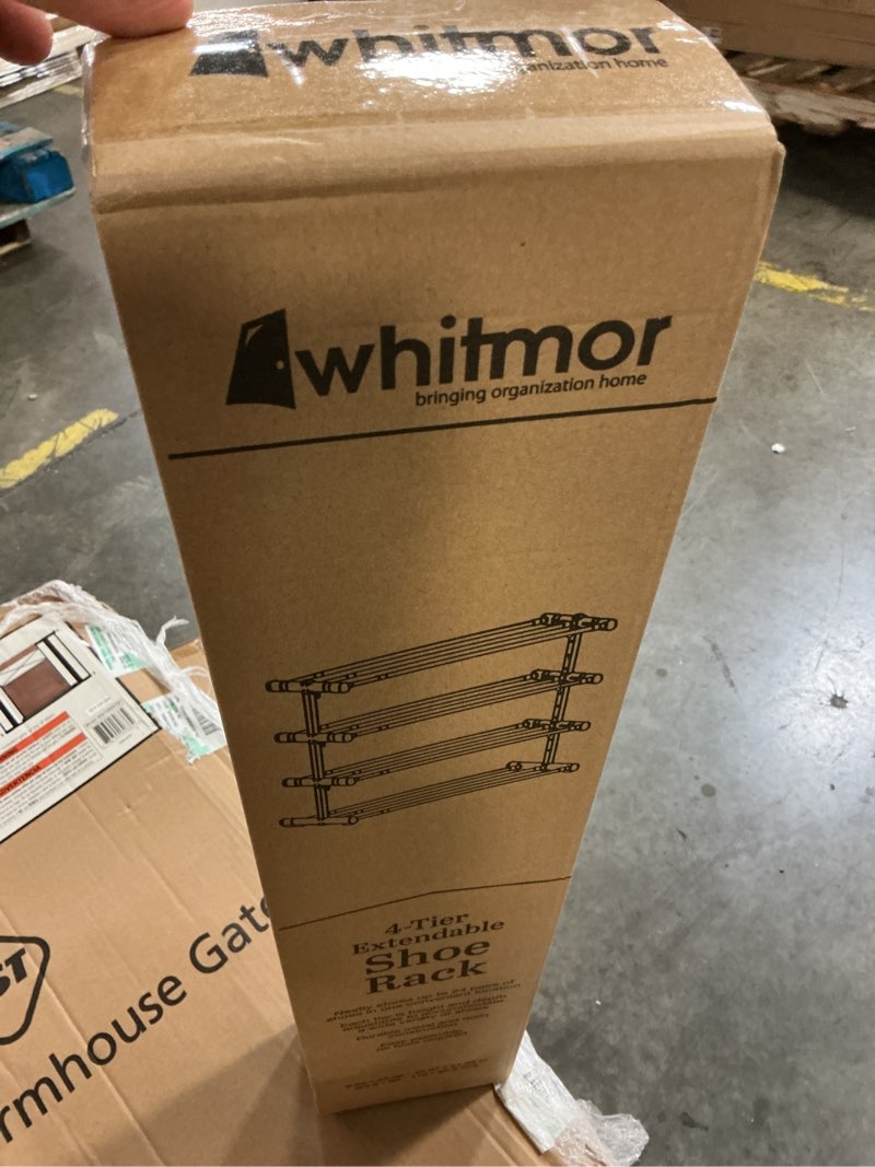 Condition photo showing New/Like New for whitmor 4 tier extendable shoe rack gray: steel frame, holds 24 pairs, freestanding, 45.67" w x 21.85" h x 9.25" d