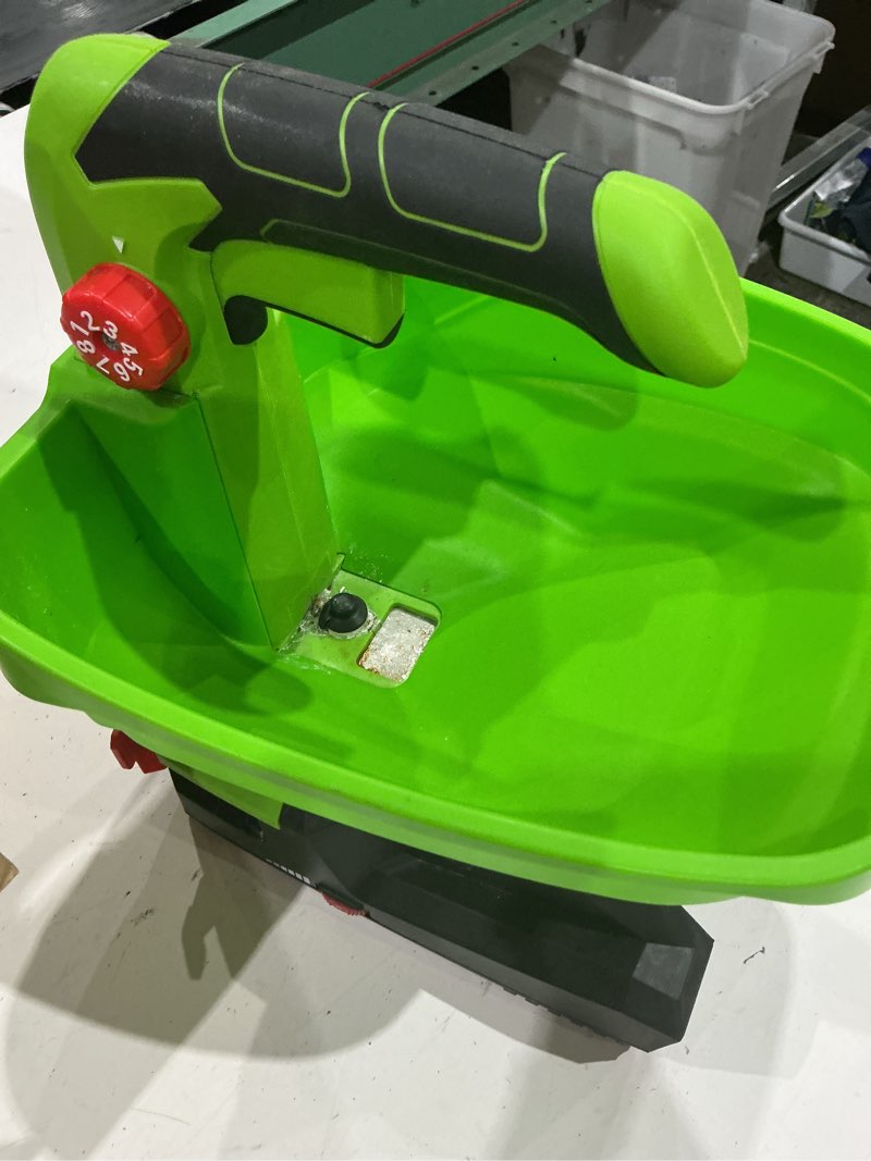 Condition photo showing As Is for no battery))garcare 7.2v cordless seed spreader with 3.3l large hopper 2.0ah battery