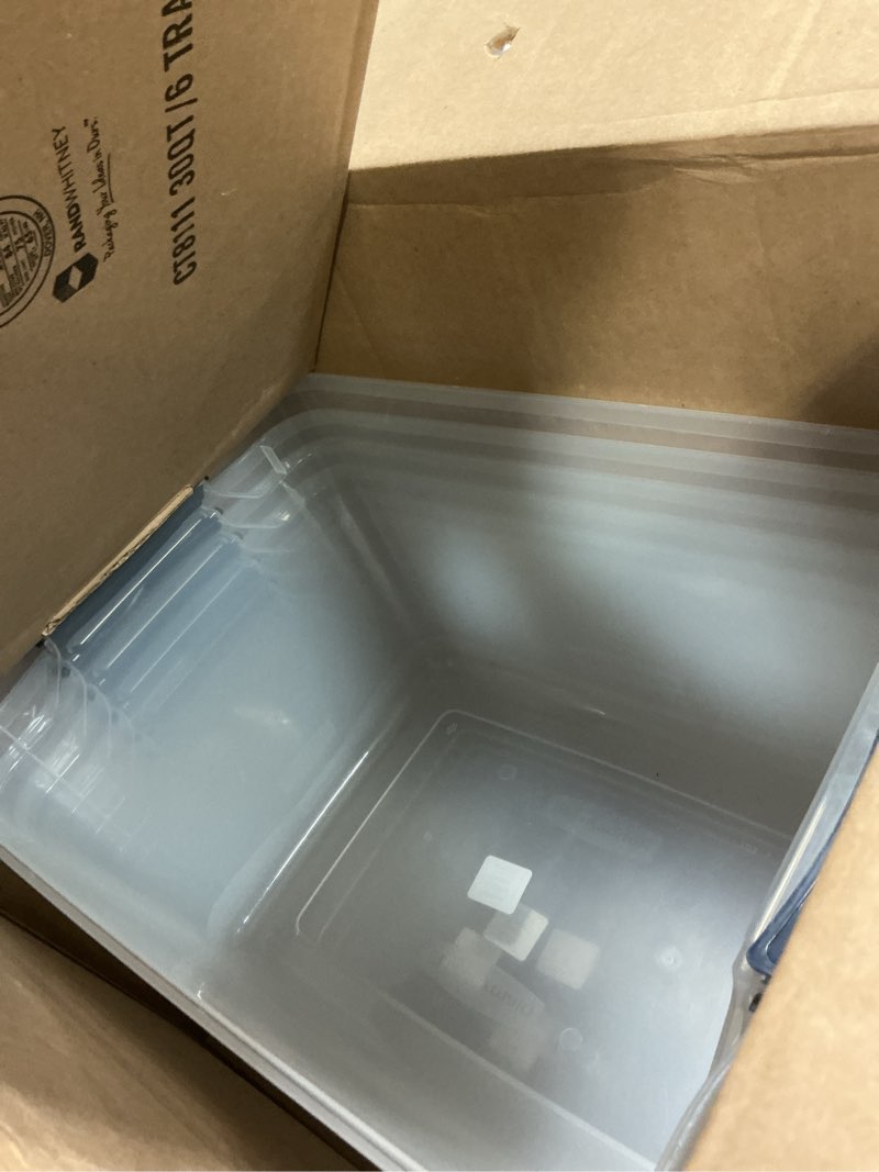 Condition photo showing Good Condition for Rubbermaid Cleverstore Clear 32 Qt, 6 Pack Stackable Plastic Storage Bins with Lids, Great for Closet and Laundry Storage, Organizing in the Home 32 Qt – 6 Pack