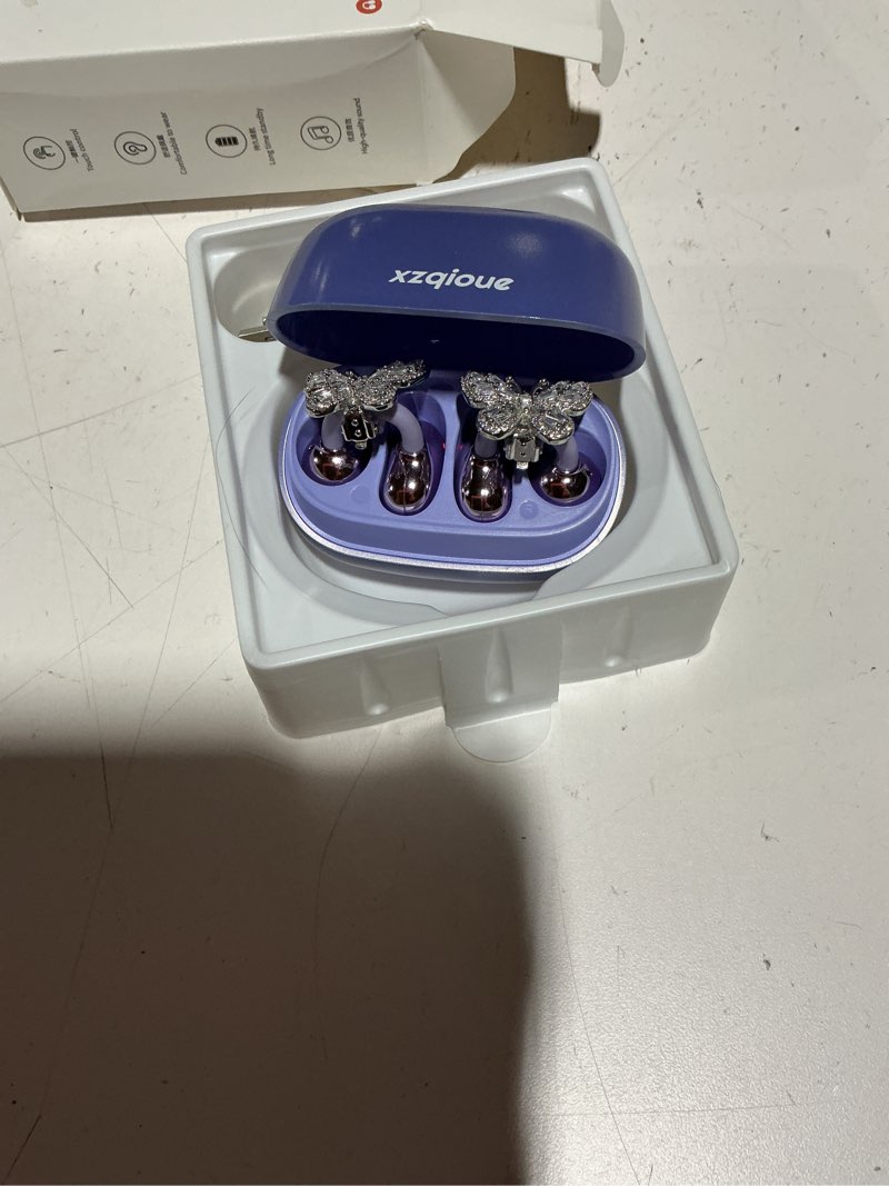 Condition photo showing Good Condition for Clip On Earbuds Jewelry, Open Ear Headphones Wireless Bluetooth Earring Clip-On Headphones, Comfortable Fit Ears Cuff Headphones for Women, Jewelry Earring Earbuds for Work, Run & Sleep Butterfly-Purple