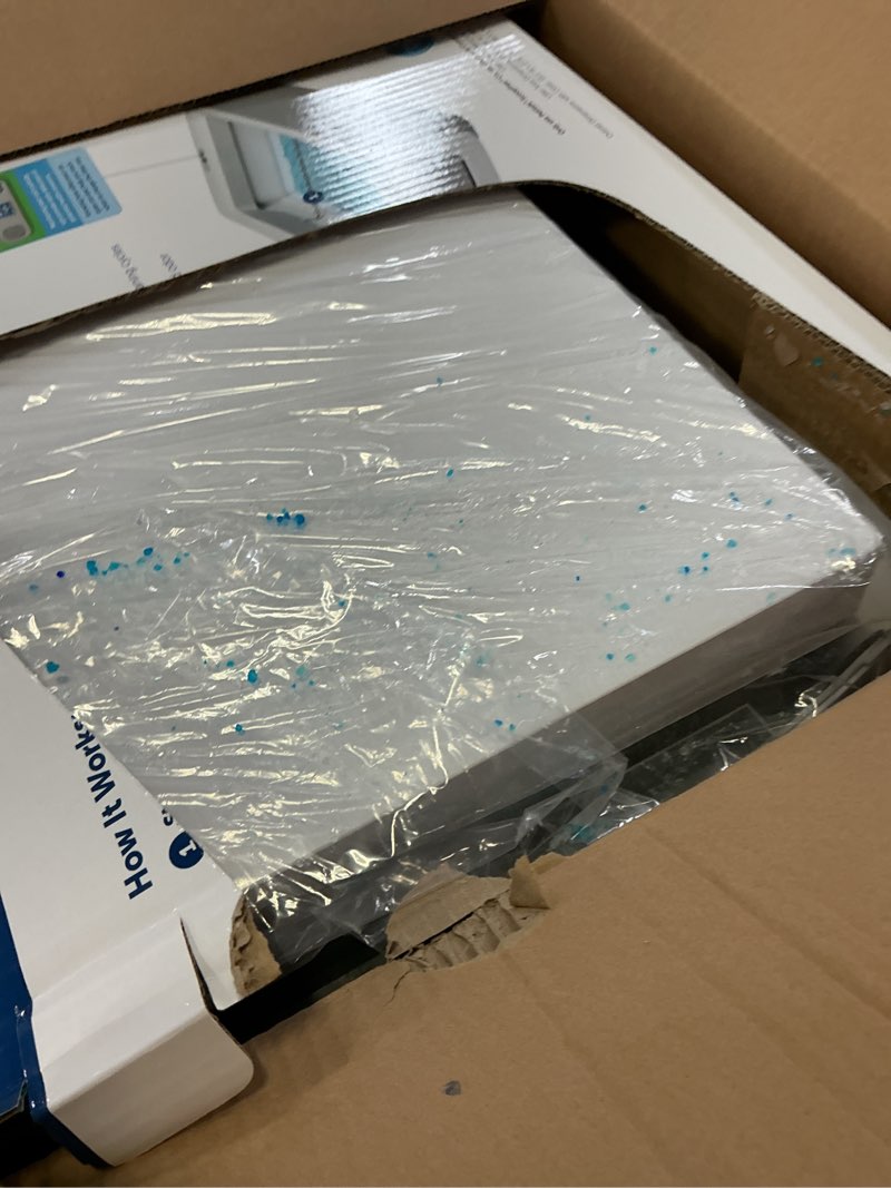 Condition photo showing As Is for petsafe legacy scoopfree crystal pro self-cleaning automatic cat litter box - front-entry motion-sensing cat box with integrated health counter - includes 1 disposable crystal litter tray one size crystal pro legacy litter box