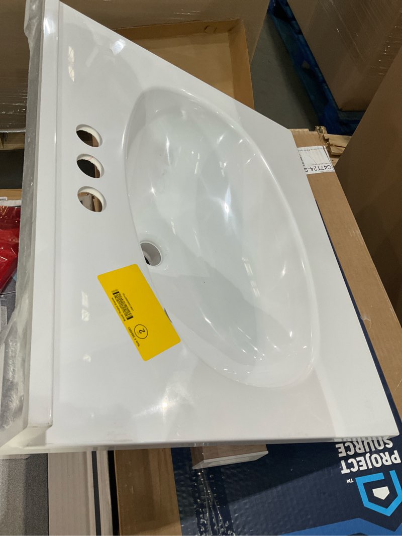 Condition photo showing As Is for project source 25-in x 22-in white cultured marble single sink 4-in centerset faucet