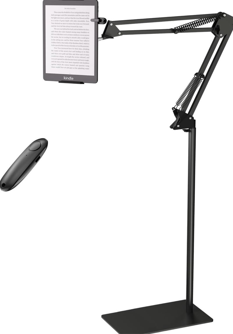 Floor Kindle Stand Holder with Remote Page Turner, Bed Holder with Clicker for Reading, Kindle Accessories for 4.7-11.9 inch Devices Black