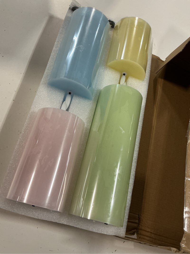 Condition photo showing New/Like New for joione flameless easter pastel pillar candles with remote set of 4, battery operated real wax led colorful candles, perfect for easter party, holiday spring home decor, yellow pink blue green
