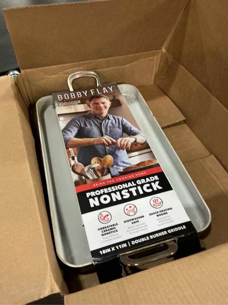 Condition photo showing As Is for GreenPan x Bobby Flay 18" x 11" Nonstick Double Burner Griddle, PFAS-Free Ceramic Double Stovetop Skillet, Stainless Steel Handles, Dual-Use Cooking, Easy Clean Dishwasher & Oven Safe Pan, Gray 18" x 11" x 1.5" Graphite