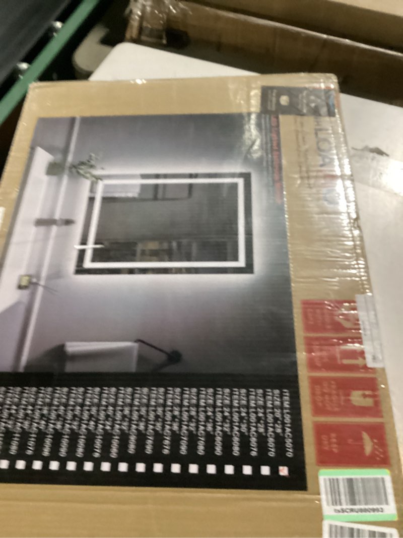 Condition photo showing As Is for loaao 24x32 led bathroom mirror with lights, anti-fog, dimmable, backlit + front lit, lighted bathroom vanity mirror for wall, memory function, tempered glass, shatter-proof, etl listed led 32"l x 24"w